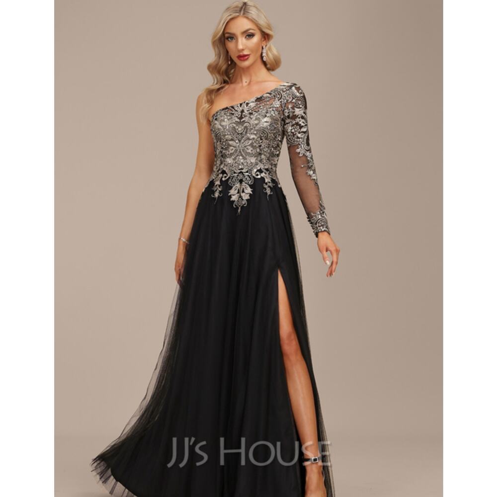 JJs House Black and Silver One-Shoulder Prom Dress